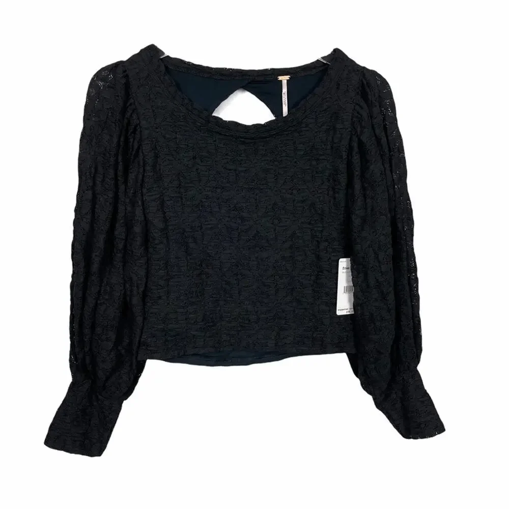 Free People Tea Time Top Black Lace Long Sleeves Size Small NEW